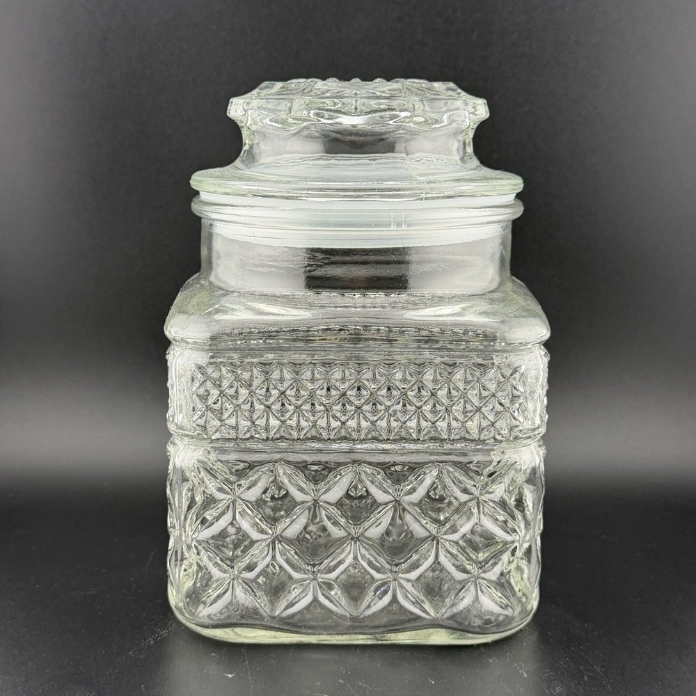 Anchor Hocking Wexford Square Glass Canister Jar Lid 6.75 Vintage Diamond MCM